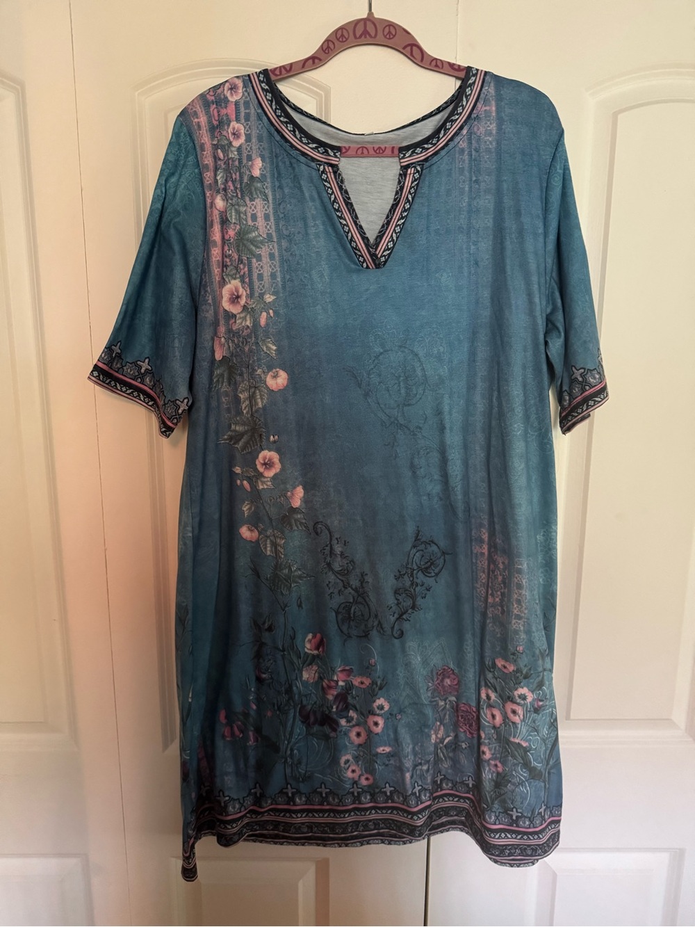 Teal Floral V-Neck Shift Dress with Pink Border
